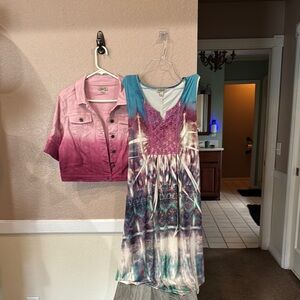 ONE WORLD Gray and White Casual Scoop Neck Sundress